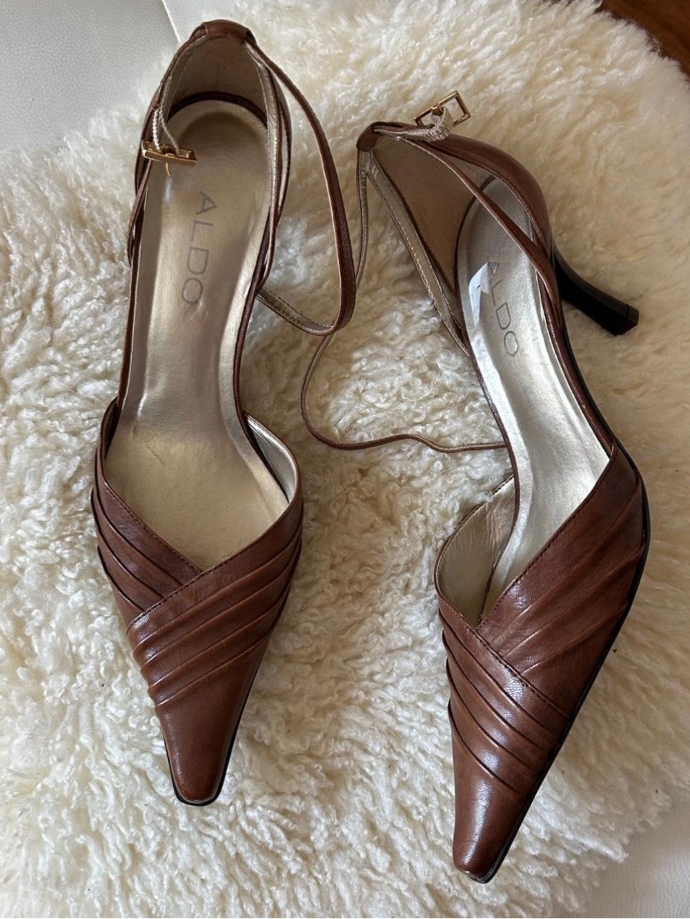 Aldo Brown Pointed-Toe Leather Ankle-Strap Heels